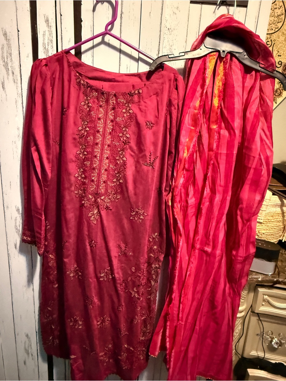 Women's Embroidered Long Dress in Deep Raspberry